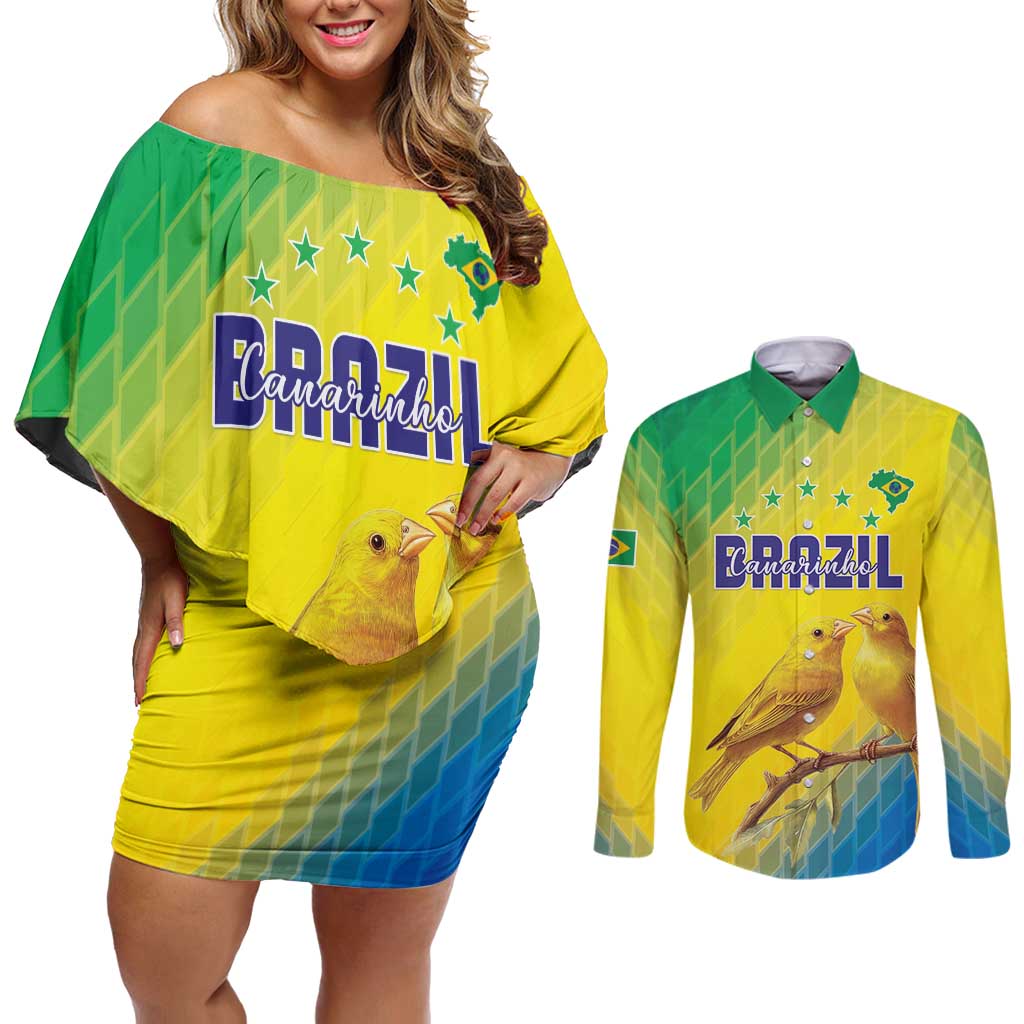 Custom Brazil Football Couples Matching Off Shoulder Short Dress and Long Sleeve Button Shirt Go Canarinho Go
