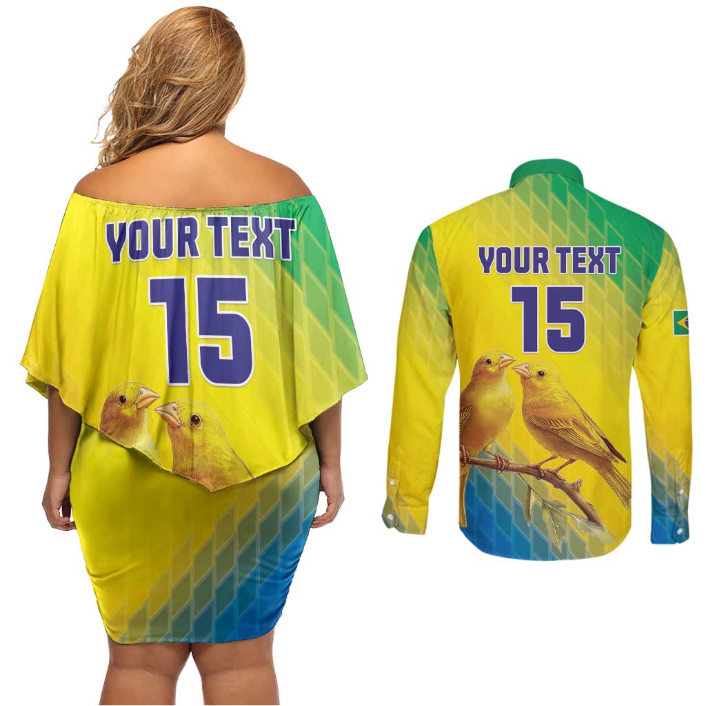 Custom Brazil Football Couples Matching Off Shoulder Short Dress and Long Sleeve Button Shirt Go Canarinho Go