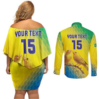 Custom Brazil Football Couples Matching Off Shoulder Short Dress and Long Sleeve Button Shirt Go Canarinho Go