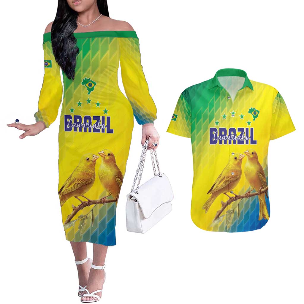 Custom Brazil Football Couples Matching Off The Shoulder Long Sleeve Dress and Hawaiian Shirt Go Canarinho Go