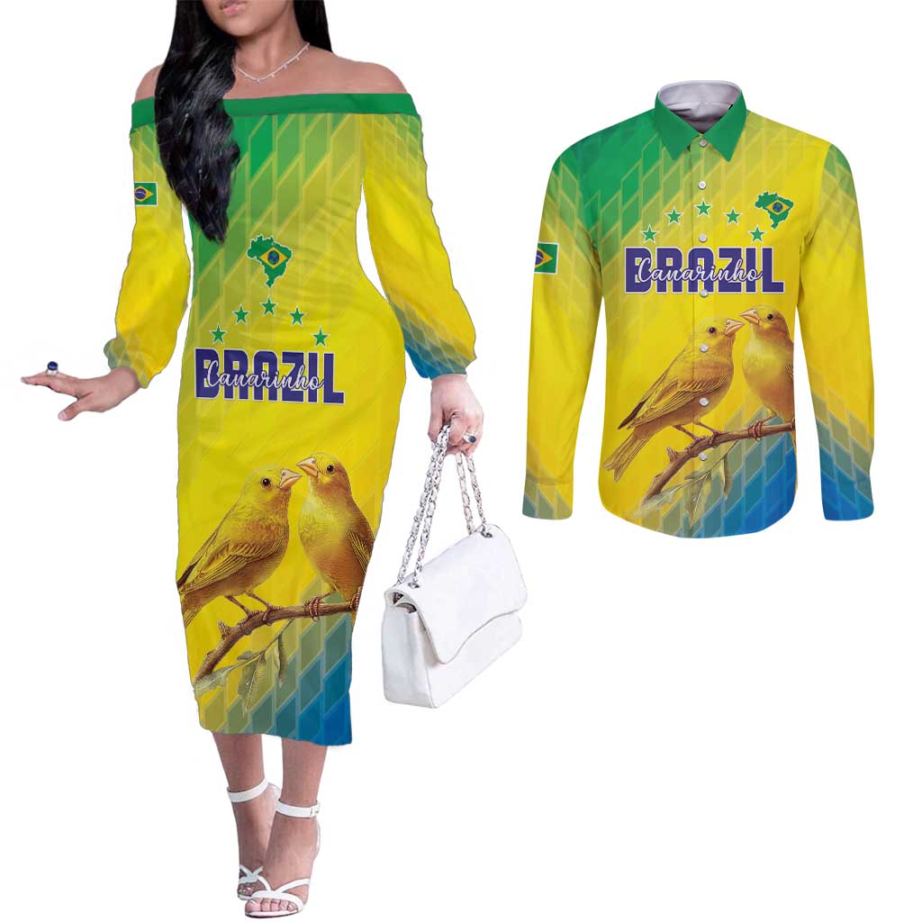 Custom Brazil Football Couples Matching Off The Shoulder Long Sleeve Dress and Long Sleeve Button Shirt Go Canarinho Go