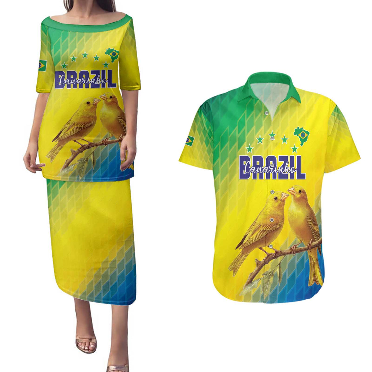 Custom Brazil Football Couples Matching Puletasi and Hawaiian Shirt Go Canarinho Go