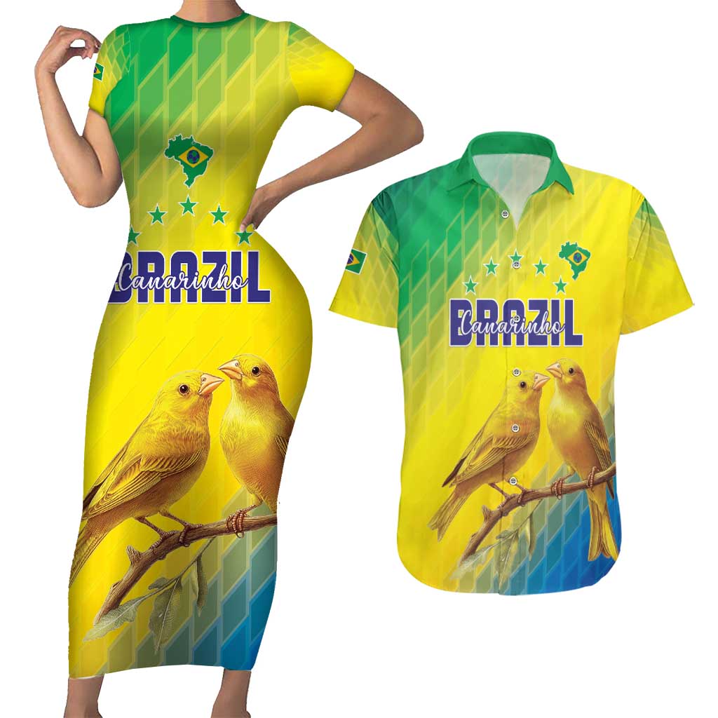Custom Brazil Football Couples Matching Short Sleeve Bodycon Dress and Hawaiian Shirt Go Canarinho Go