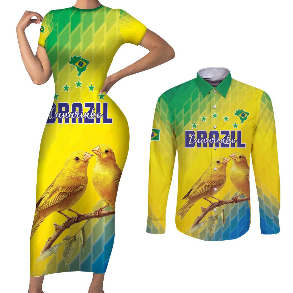 Custom Brazil Football Couples Matching Short Sleeve Bodycon Dress and Long Sleeve Button Shirt Go Canarinho Go