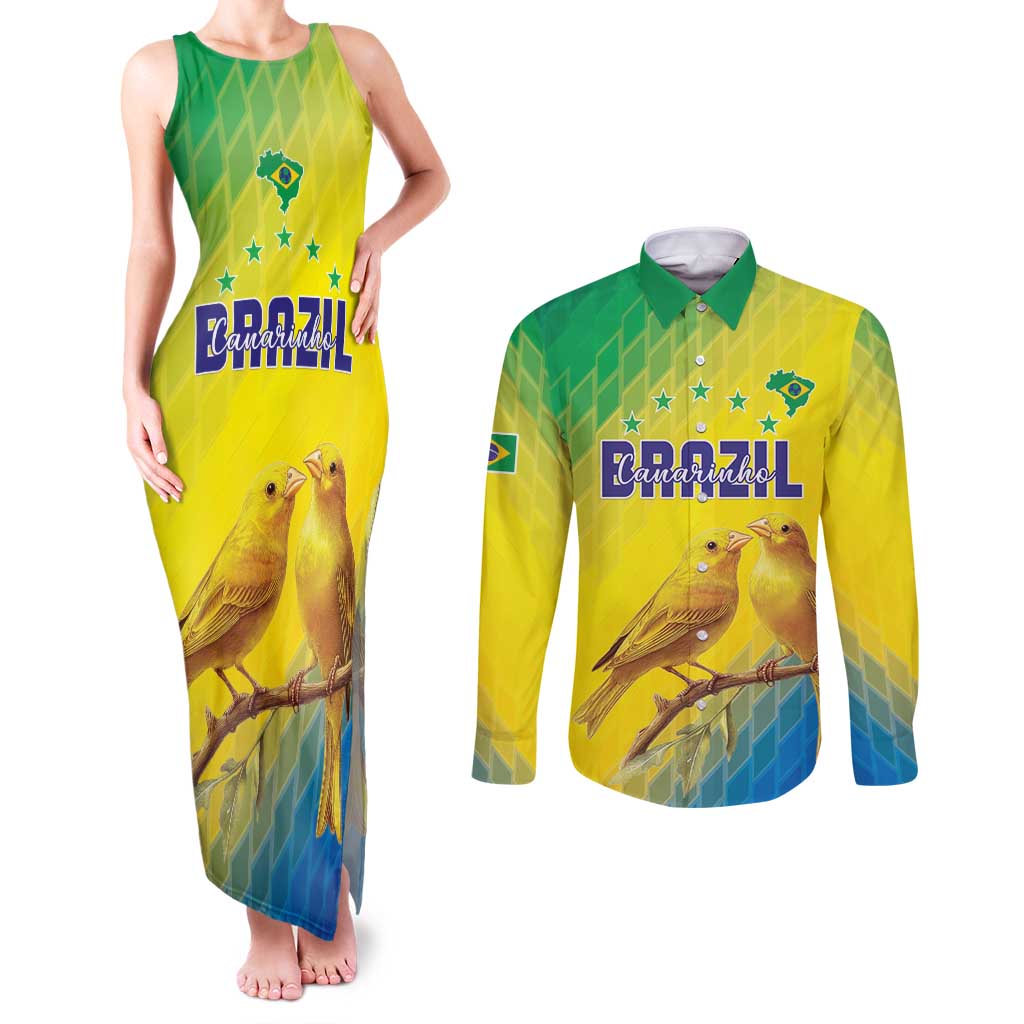 Custom Brazil Football Couples Matching Tank Maxi Dress and Long Sleeve Button Shirt Go Canarinho Go