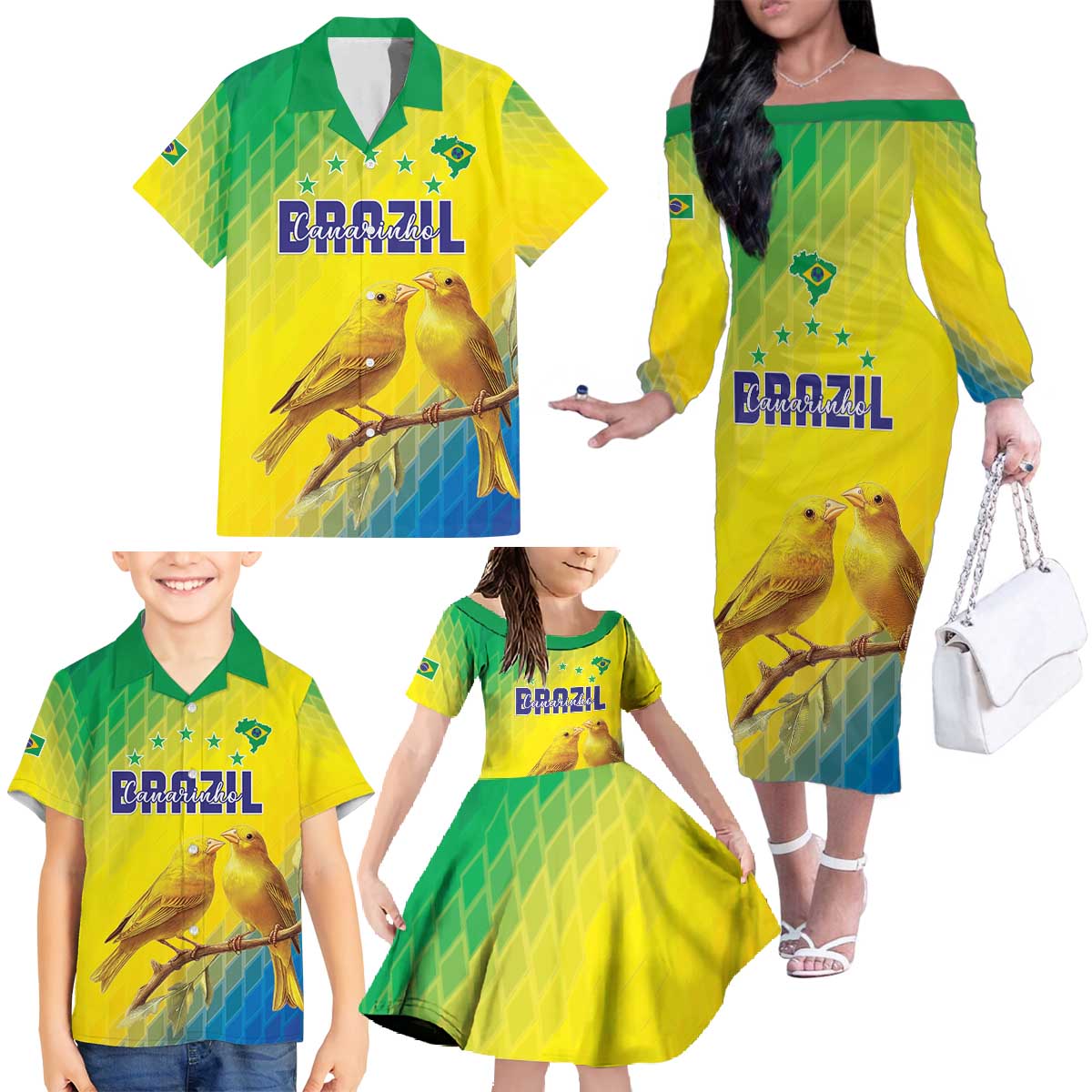 Custom Brazil Football Family Matching Off The Shoulder Long Sleeve Dress and Hawaiian Shirt Go Canarinho Go