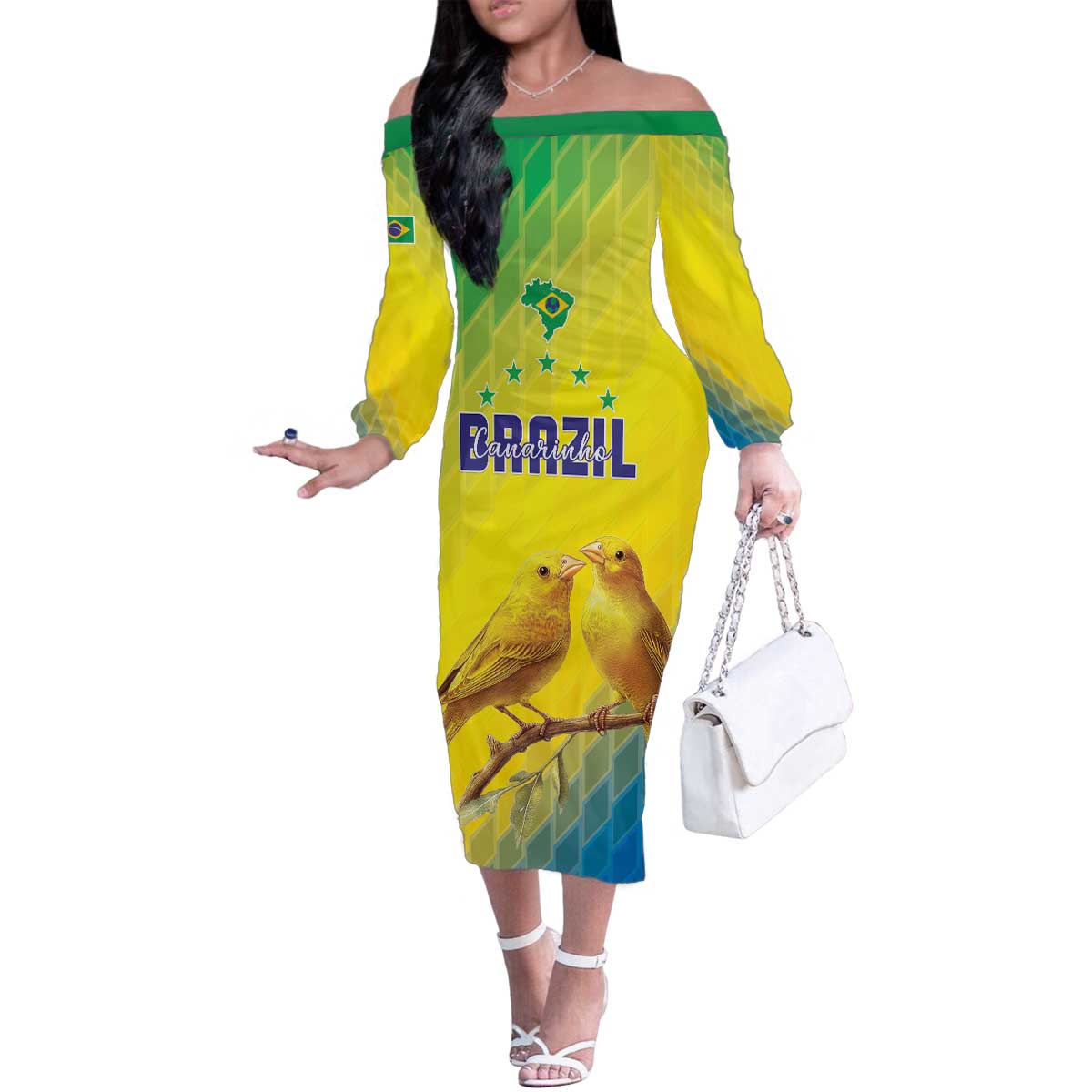 Custom Brazil Football Family Matching Off The Shoulder Long Sleeve Dress and Hawaiian Shirt Go Canarinho Go
