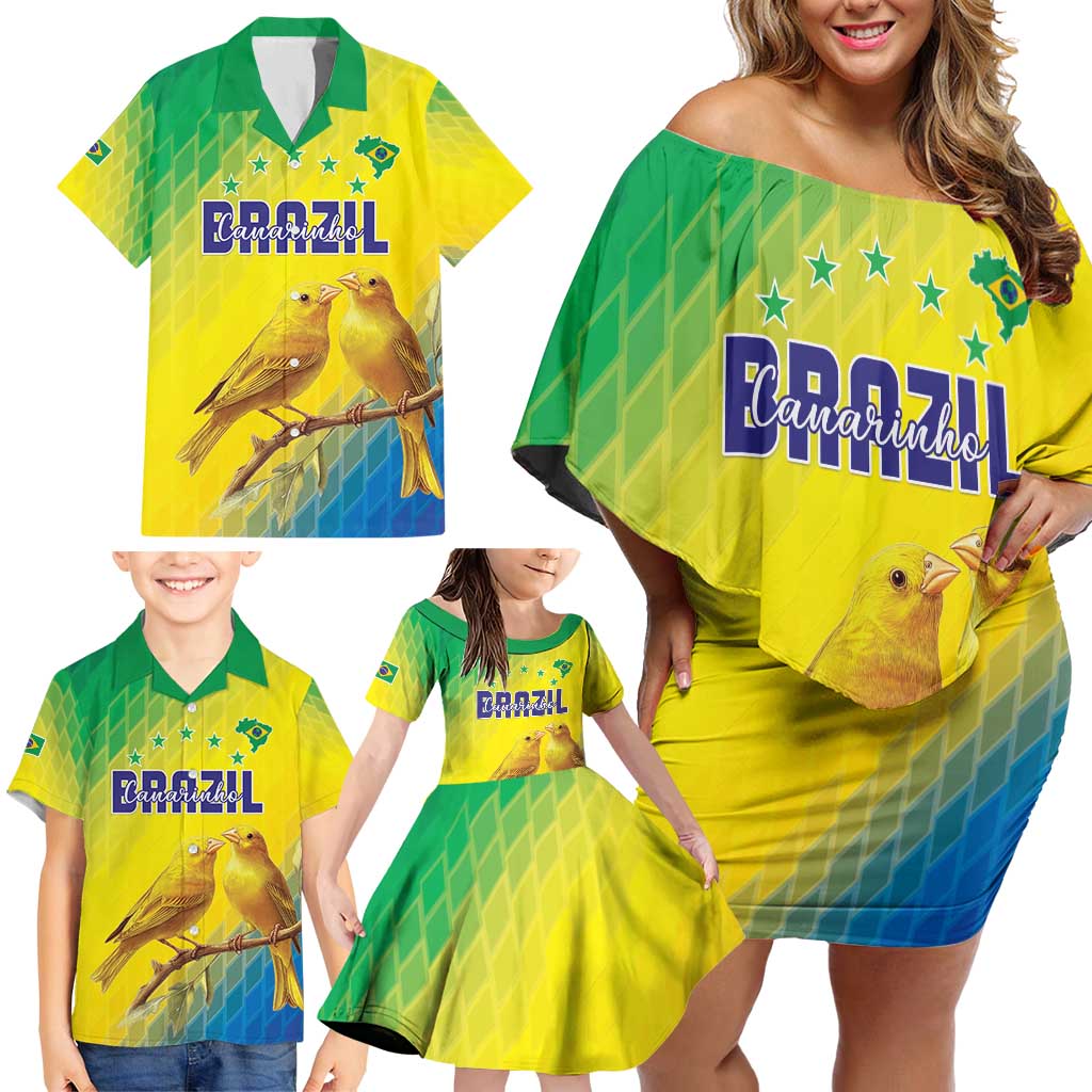 Custom Brazil Football Family Matching Off Shoulder Short Dress and Hawaiian Shirt Go Canarinho Go