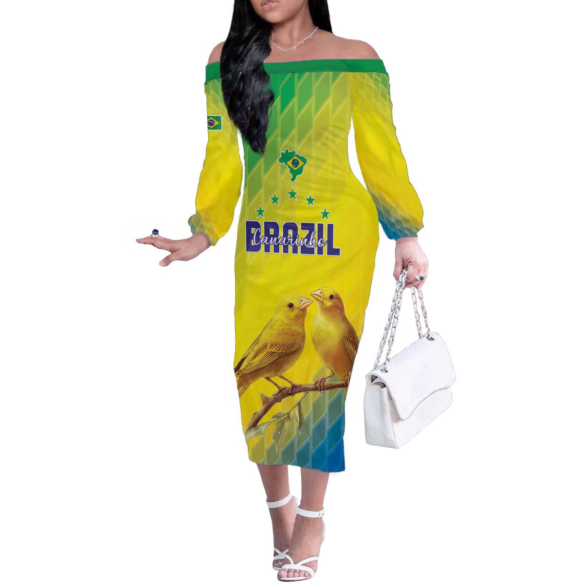 Custom Brazil Football Off The Shoulder Long Sleeve Dress Go Canarinho Go