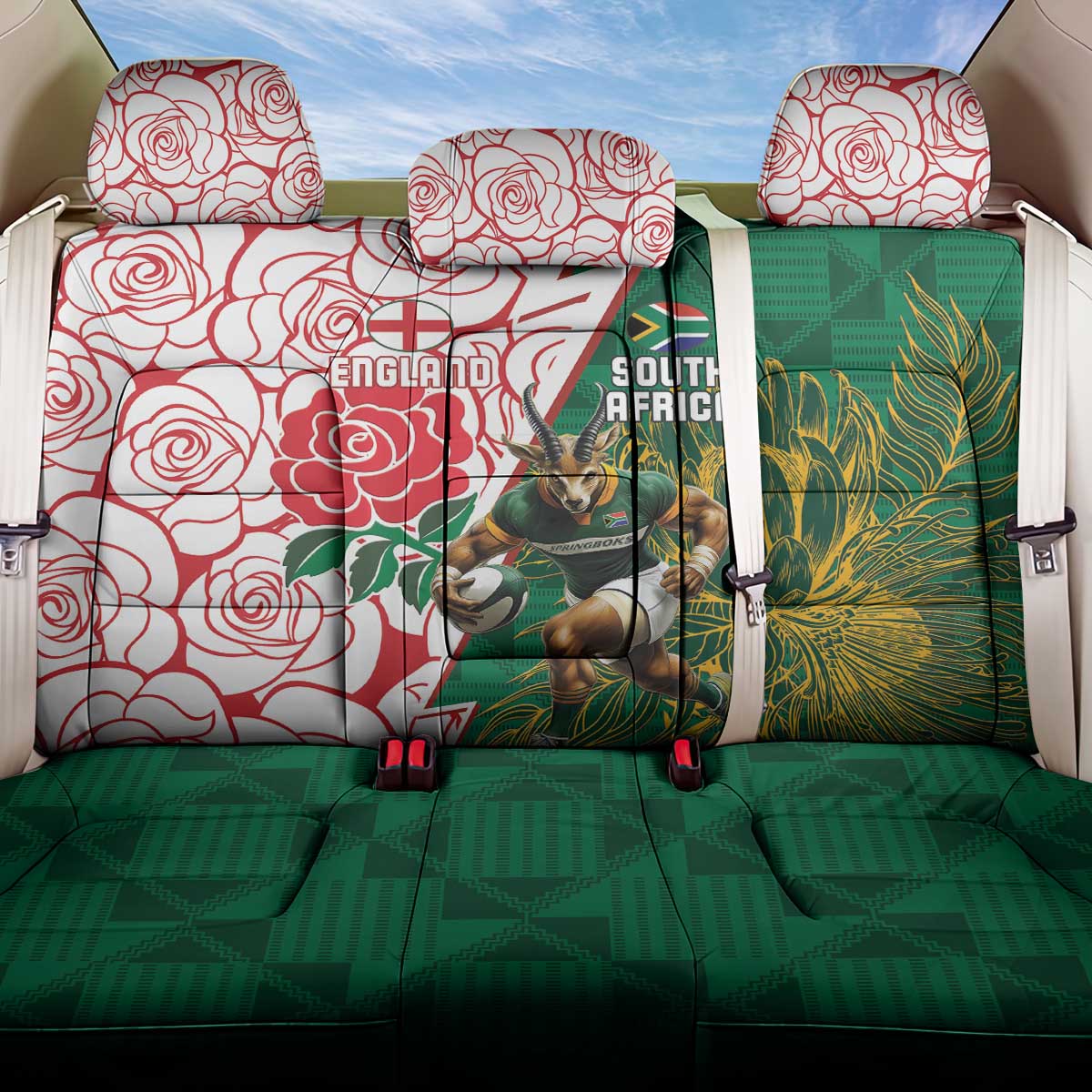 South Africa and England Rugby Back Car Seat Cover Springboks Mascot With Red Rose