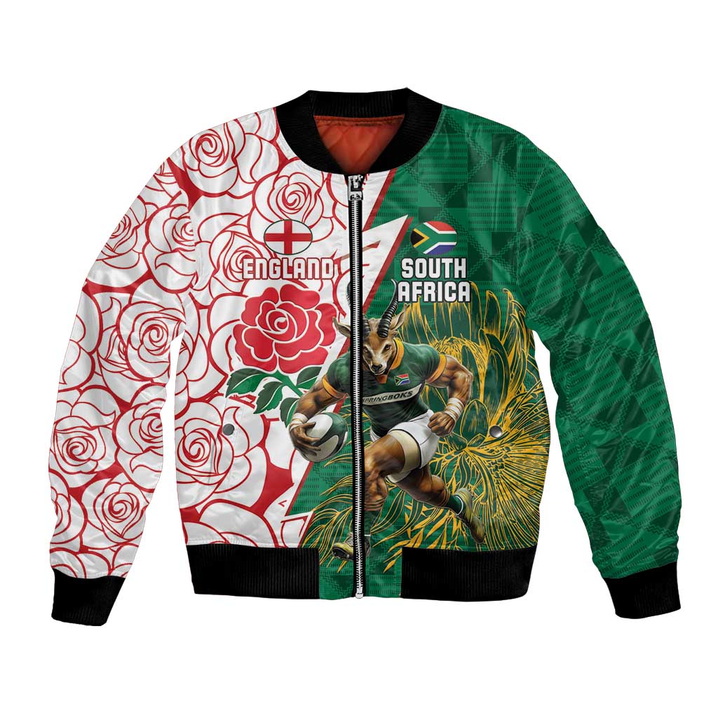 Personalized South Africa and England Rugby Bomber Jacket Springboks Mascot With Red Rose