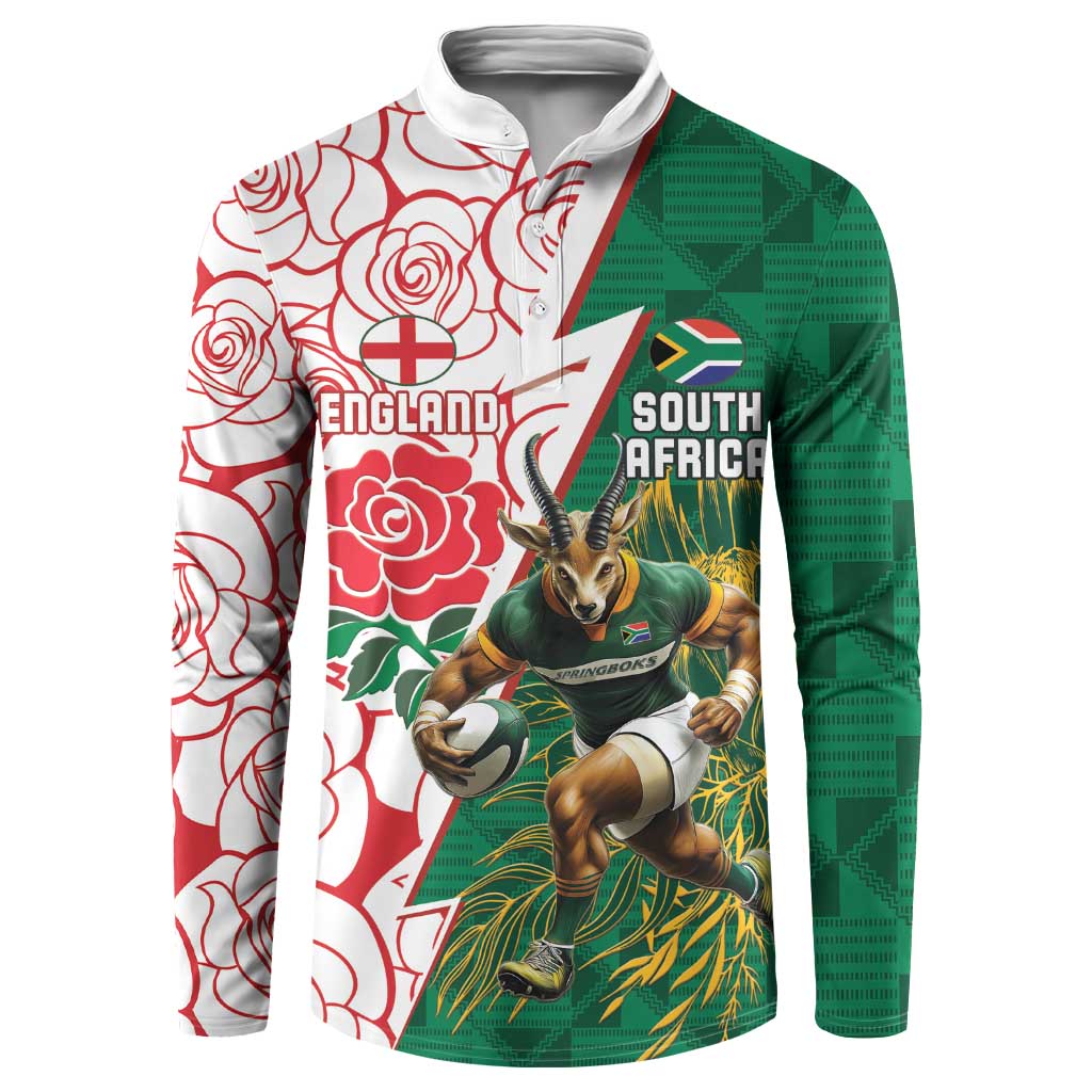Personalized South Africa and England Rugby Button Sweatshirt Springboks Mascot With Red Rose