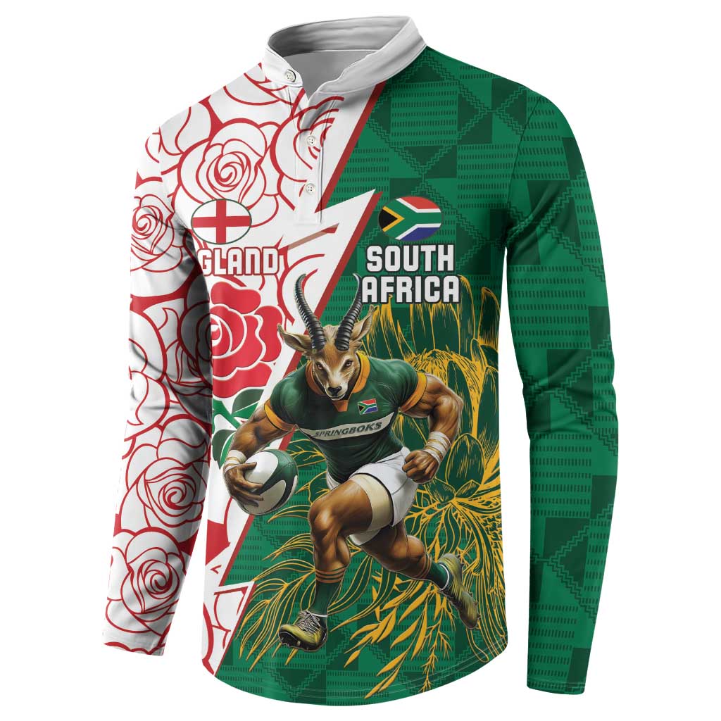 Personalized South Africa and England Rugby Button Sweatshirt Springboks Mascot With Red Rose