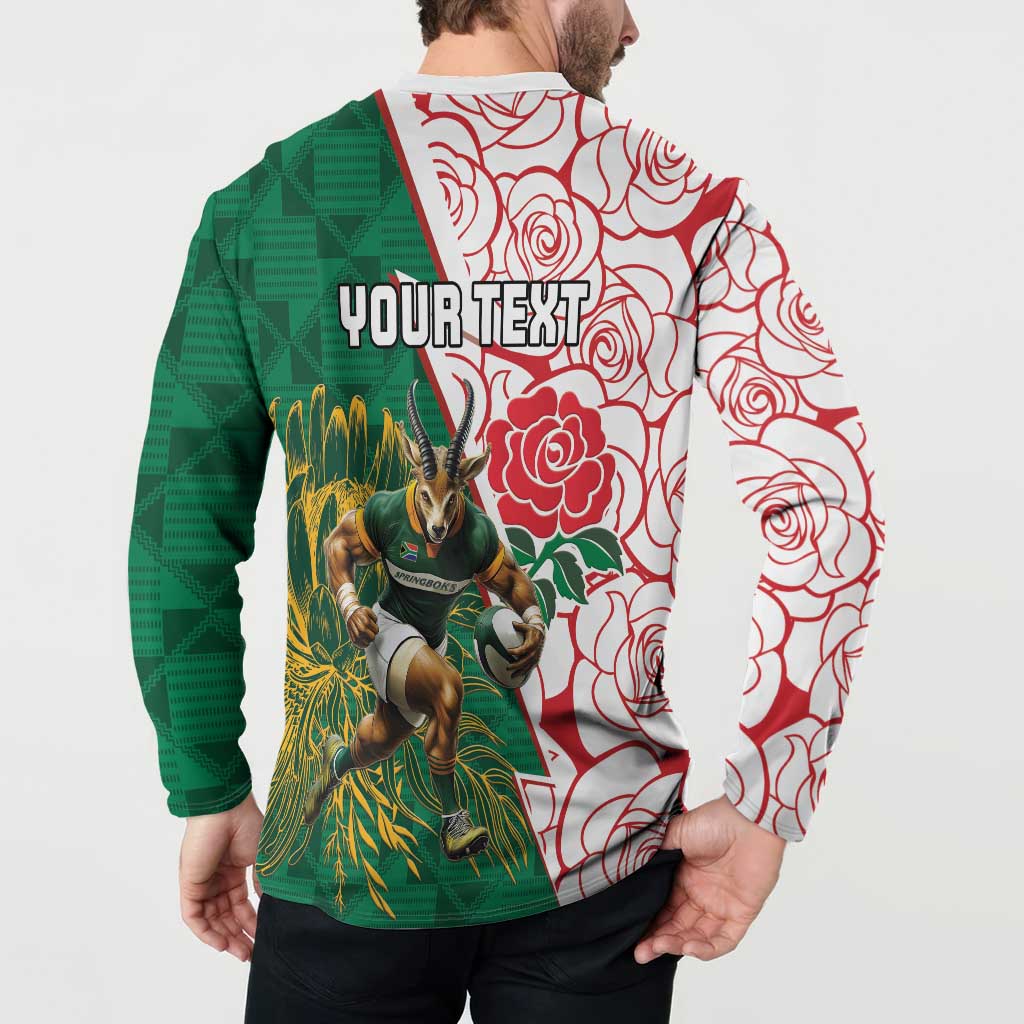 Personalized South Africa and England Rugby Button Sweatshirt Springboks Mascot With Red Rose