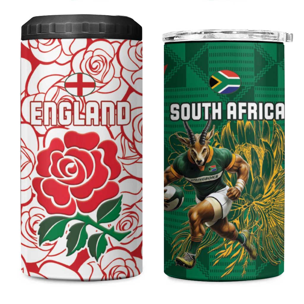 South Africa and England Rugby 4 in 1 Can Cooler Tumbler Springboks Mascot With Red Rose