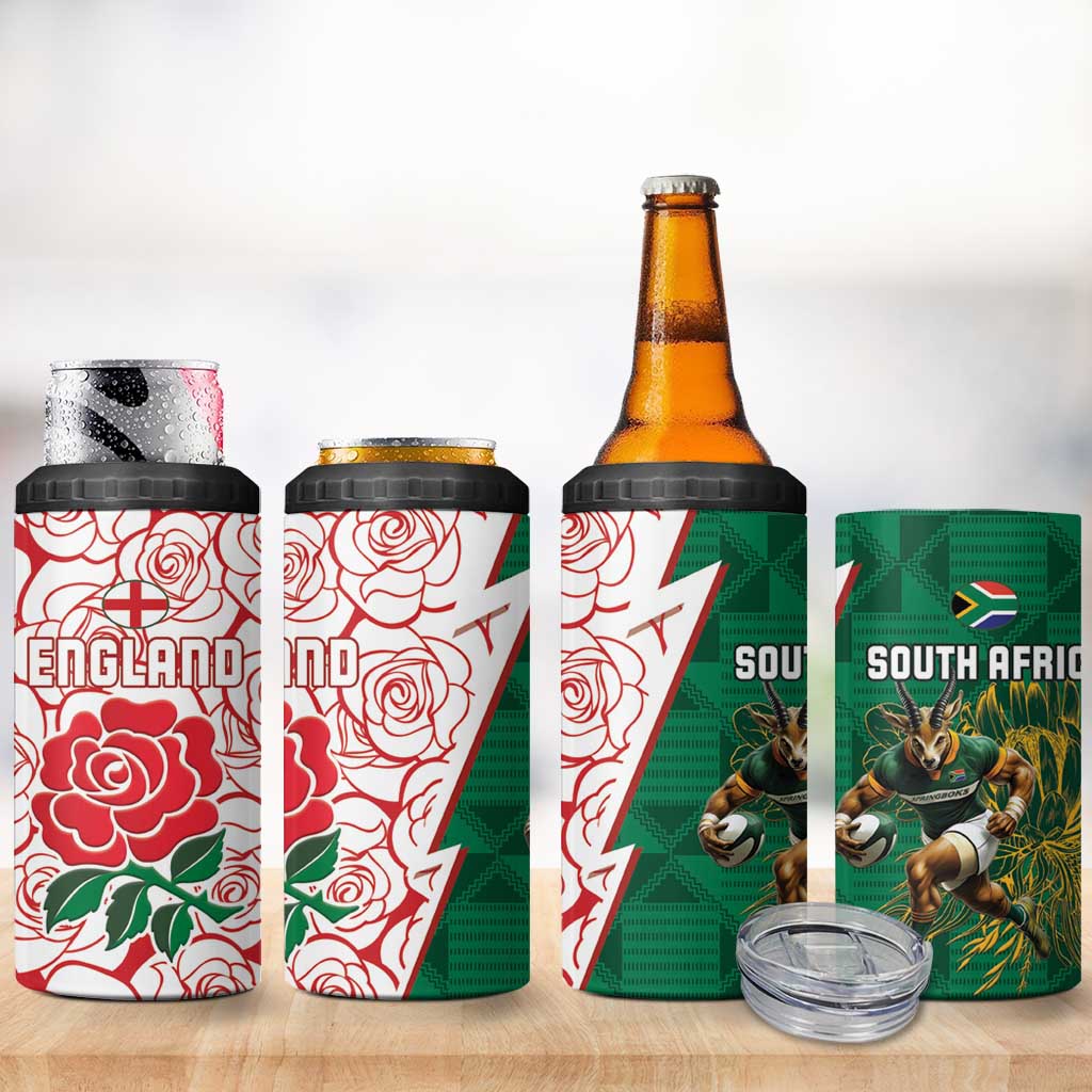 South Africa and England Rugby 4 in 1 Can Cooler Tumbler Springboks Mascot With Red Rose