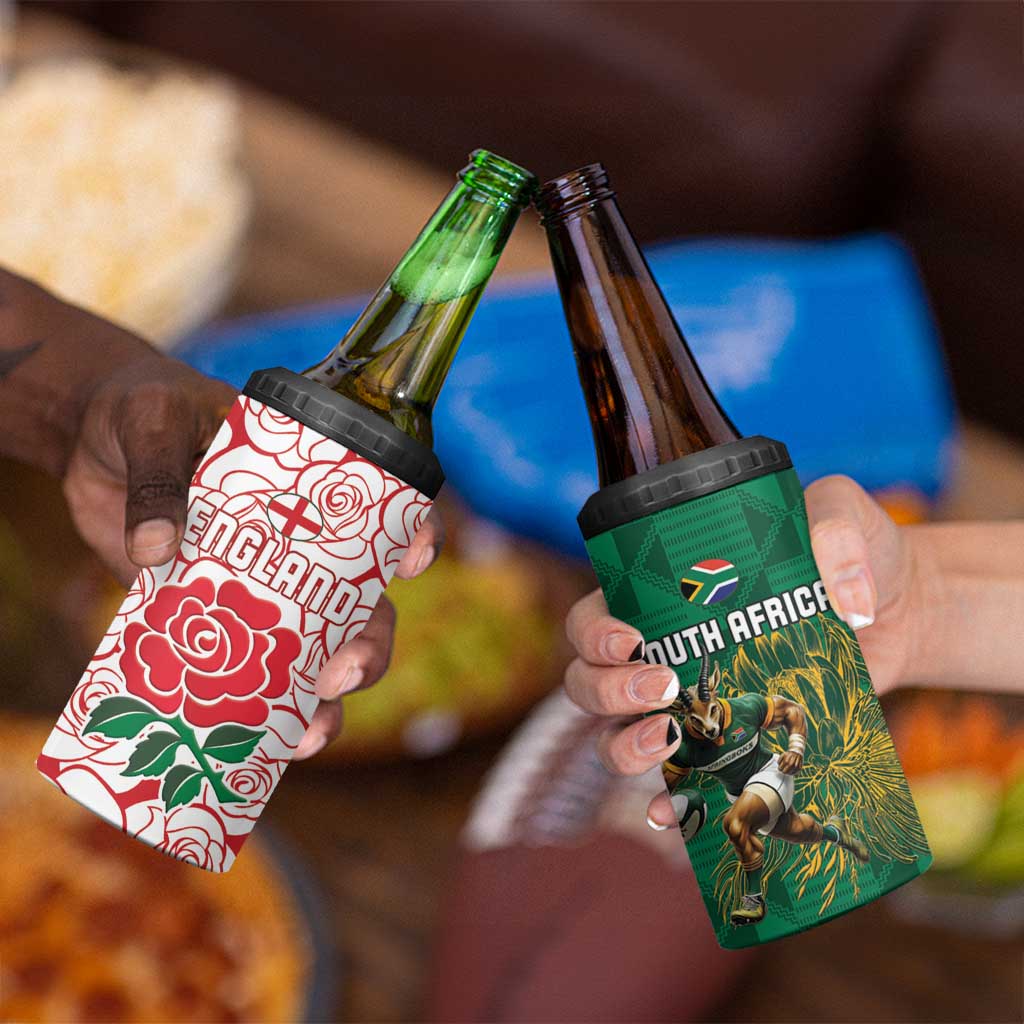 South Africa and England Rugby 4 in 1 Can Cooler Tumbler Springboks Mascot With Red Rose