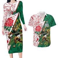 Personalized South Africa and England Rugby Couples Matching Long Sleeve Bodycon Dress and Hawaiian Shirt Springboks Mascot With Red Rose