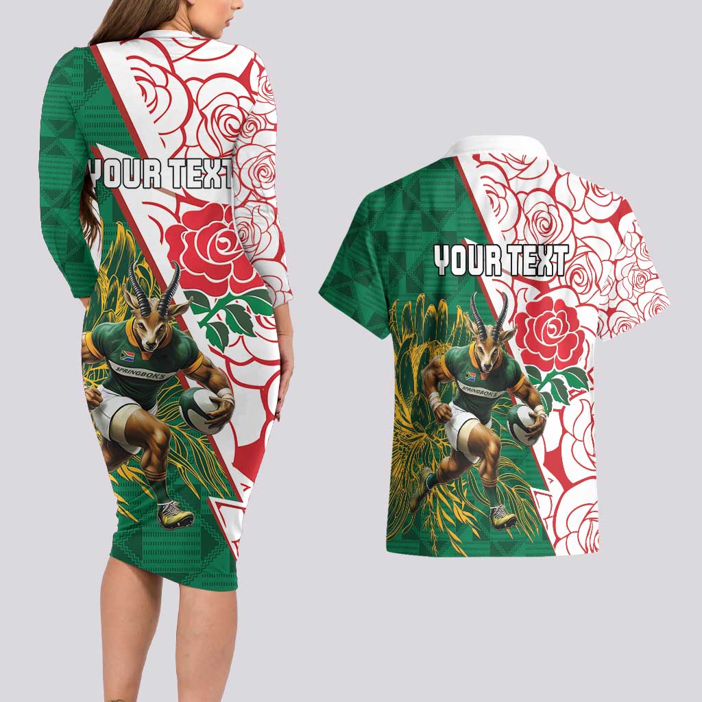Personalized South Africa and England Rugby Couples Matching Long Sleeve Bodycon Dress and Hawaiian Shirt Springboks Mascot With Red Rose