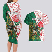 Personalized South Africa and England Rugby Couples Matching Long Sleeve Bodycon Dress and Hawaiian Shirt Springboks Mascot With Red Rose