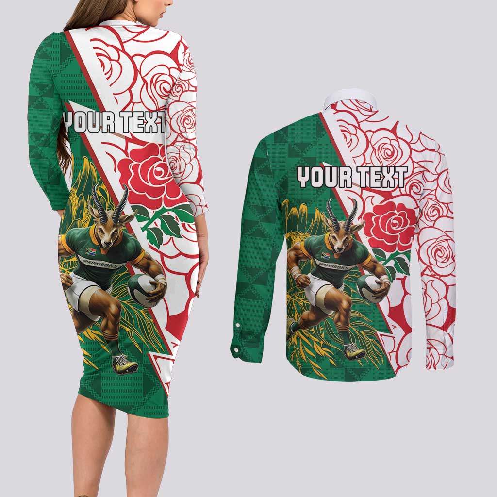 Personalized South Africa and England Rugby Couples Matching Long Sleeve Bodycon Dress and Long Sleeve Button Shirt Springboks Mascot With Red Rose