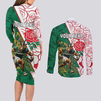 Personalized South Africa and England Rugby Couples Matching Long Sleeve Bodycon Dress and Long Sleeve Button Shirt Springboks Mascot With Red Rose