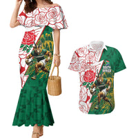 Personalized South Africa and England Rugby Couples Matching Mermaid Dress and Hawaiian Shirt Springboks Mascot With Red Rose
