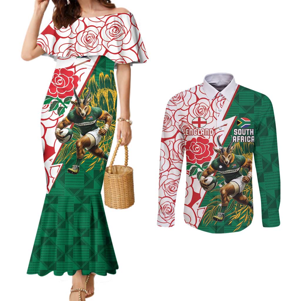 Personalized South Africa and England Rugby Couples Matching Mermaid Dress and Long Sleeve Button Shirt Springboks Mascot With Red Rose
