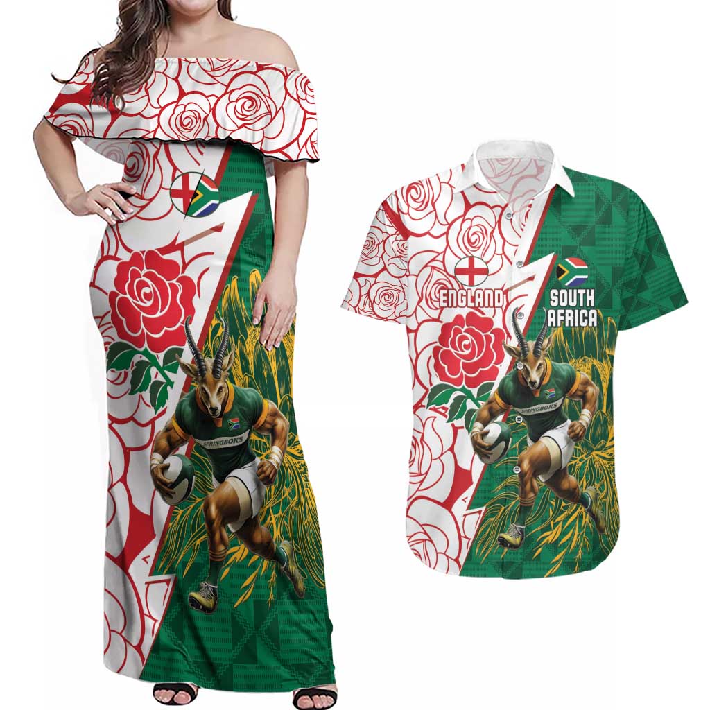 Personalized South Africa and England Rugby Couples Matching Off Shoulder Maxi Dress and Hawaiian Shirt Springboks Mascot With Red Rose