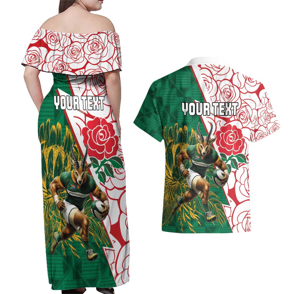 Personalized South Africa and England Rugby Couples Matching Off Shoulder Maxi Dress and Hawaiian Shirt Springboks Mascot With Red Rose
