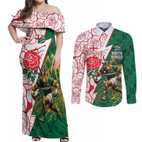 Personalized South Africa and England Rugby Couples Matching Off Shoulder Maxi Dress and Long Sleeve Button Shirt Springboks Mascot With Red Rose