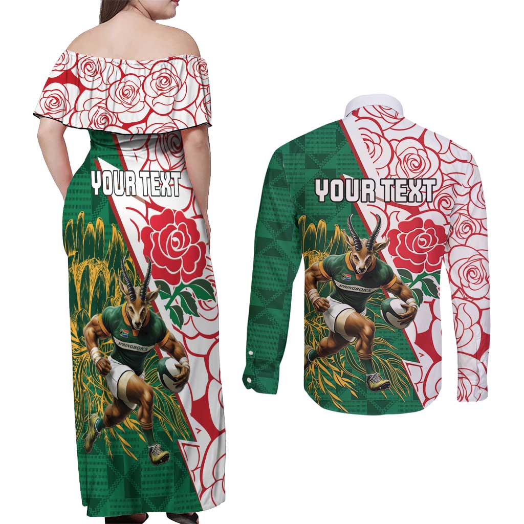 Personalized South Africa and England Rugby Couples Matching Off Shoulder Maxi Dress and Long Sleeve Button Shirt Springboks Mascot With Red Rose