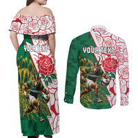 Personalized South Africa and England Rugby Couples Matching Off Shoulder Maxi Dress and Long Sleeve Button Shirt Springboks Mascot With Red Rose