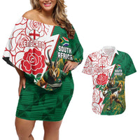 Personalized South Africa and England Rugby Couples Matching Off Shoulder Short Dress and Hawaiian Shirt Springboks Mascot With Red Rose