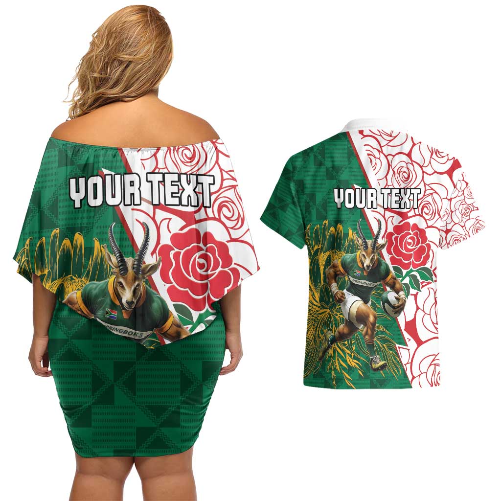 Personalized South Africa and England Rugby Couples Matching Off Shoulder Short Dress and Hawaiian Shirt Springboks Mascot With Red Rose