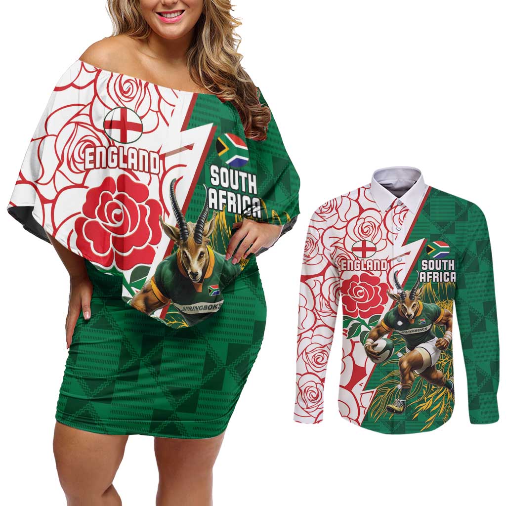 Personalized South Africa and England Rugby Couples Matching Off Shoulder Short Dress and Long Sleeve Button Shirt Springboks Mascot With Red Rose
