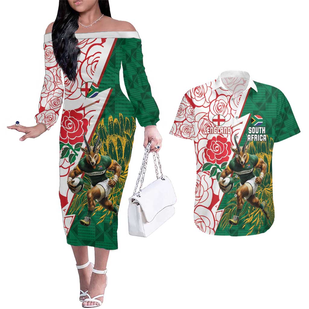 Personalized South Africa and England Rugby Couples Matching Off The Shoulder Long Sleeve Dress and Hawaiian Shirt Springboks Mascot With Red Rose