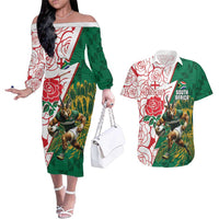 Personalized South Africa and England Rugby Couples Matching Off The Shoulder Long Sleeve Dress and Hawaiian Shirt Springboks Mascot With Red Rose