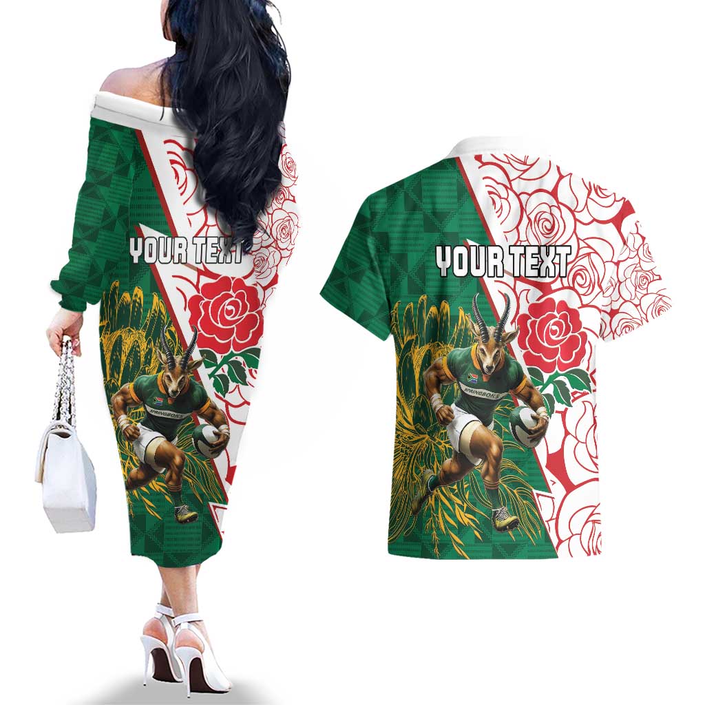 Personalized South Africa and England Rugby Couples Matching Off The Shoulder Long Sleeve Dress and Hawaiian Shirt Springboks Mascot With Red Rose