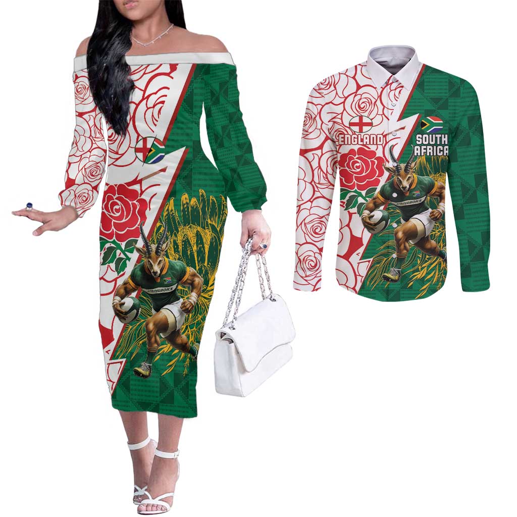 Personalized South Africa and England Rugby Couples Matching Off The Shoulder Long Sleeve Dress and Long Sleeve Button Shirt Springboks Mascot With Red Rose