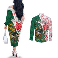 Personalized South Africa and England Rugby Couples Matching Off The Shoulder Long Sleeve Dress and Long Sleeve Button Shirt Springboks Mascot With Red Rose