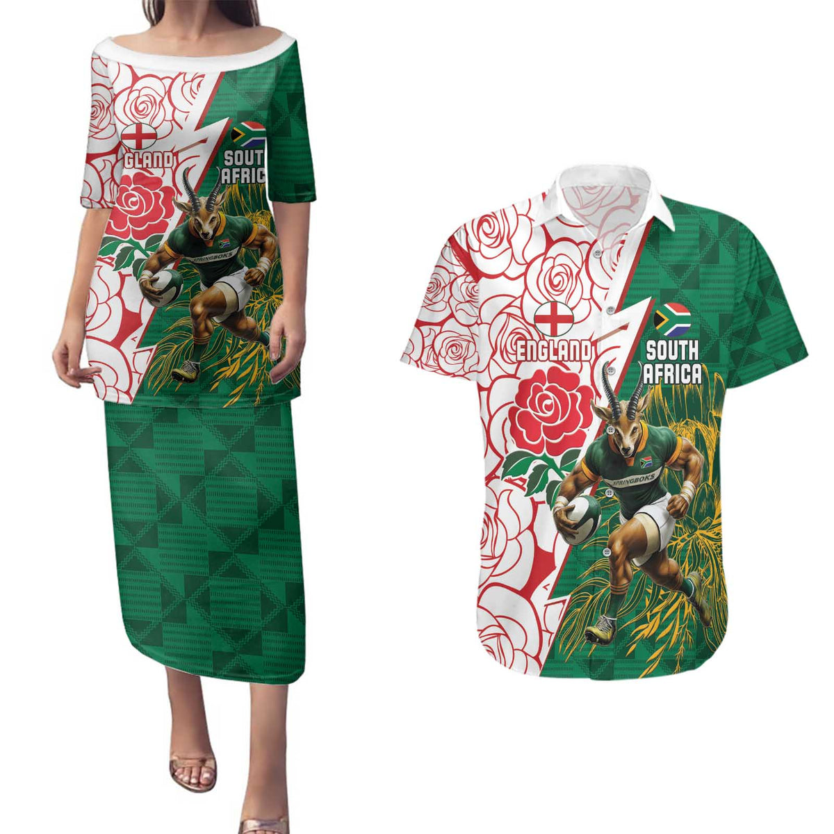 Personalized South Africa and England Rugby Couples Matching Puletasi and Hawaiian Shirt Springboks Mascot With Red Rose