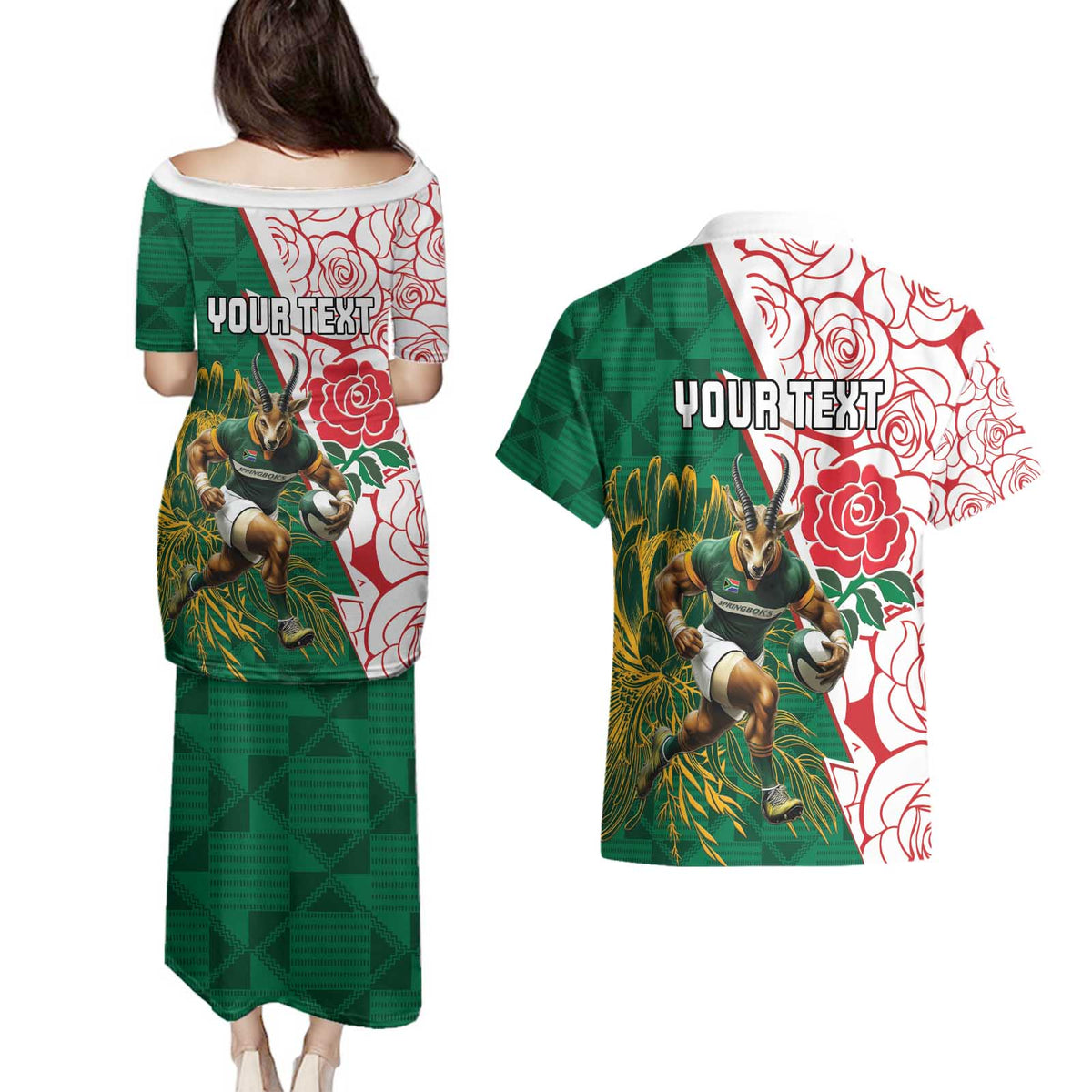 Personalized South Africa and England Rugby Couples Matching Puletasi and Hawaiian Shirt Springboks Mascot With Red Rose