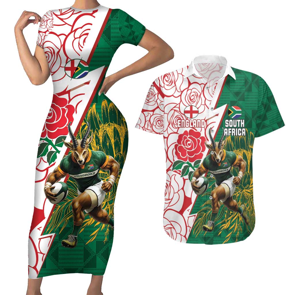 Personalized South Africa and England Rugby Couples Matching Short Sleeve Bodycon Dress and Hawaiian Shirt Springboks Mascot With Red Rose