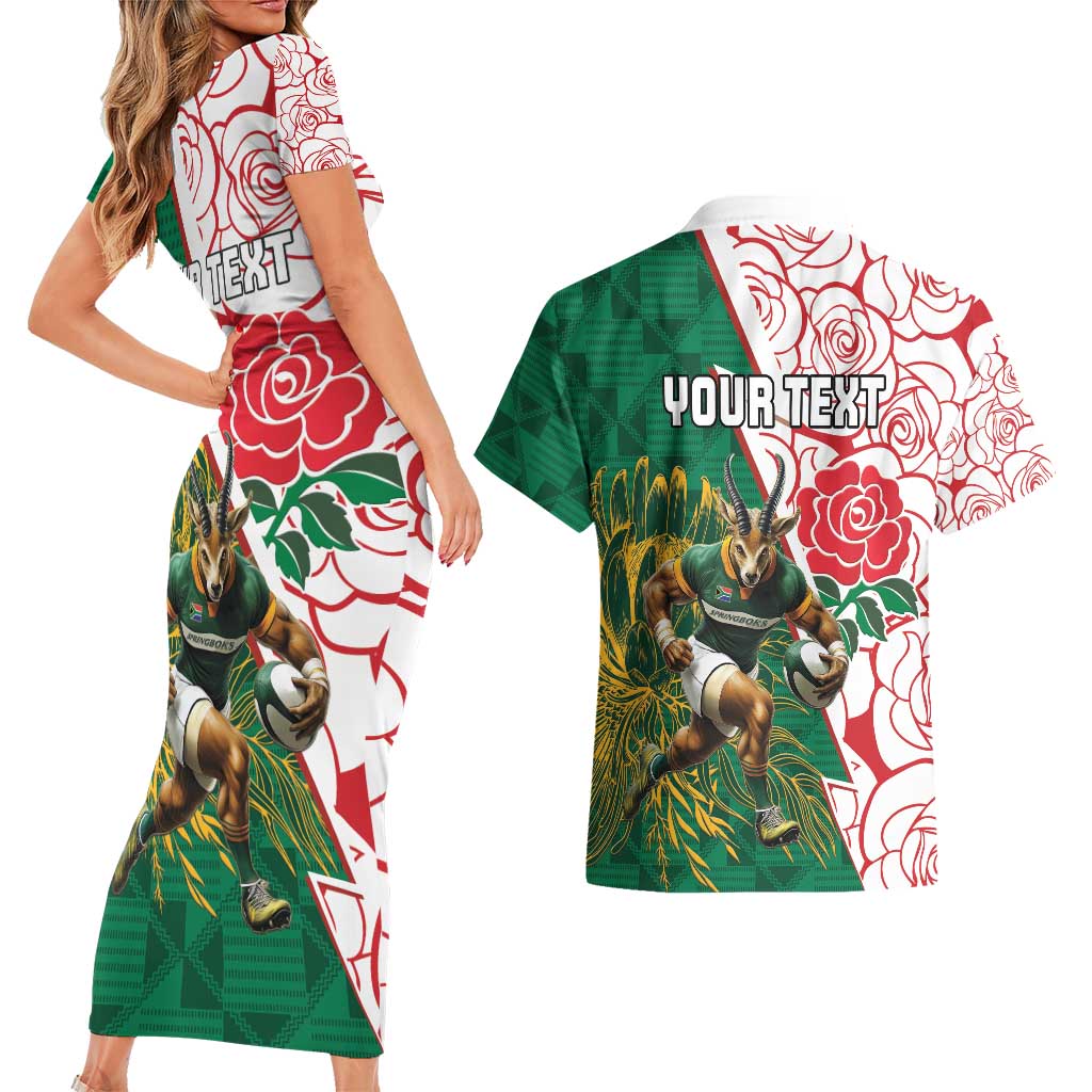 Personalized South Africa and England Rugby Couples Matching Short Sleeve Bodycon Dress and Hawaiian Shirt Springboks Mascot With Red Rose