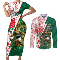 Personalized South Africa and England Rugby Couples Matching Short Sleeve Bodycon Dress and Long Sleeve Button Shirt Springboks Mascot With Red Rose