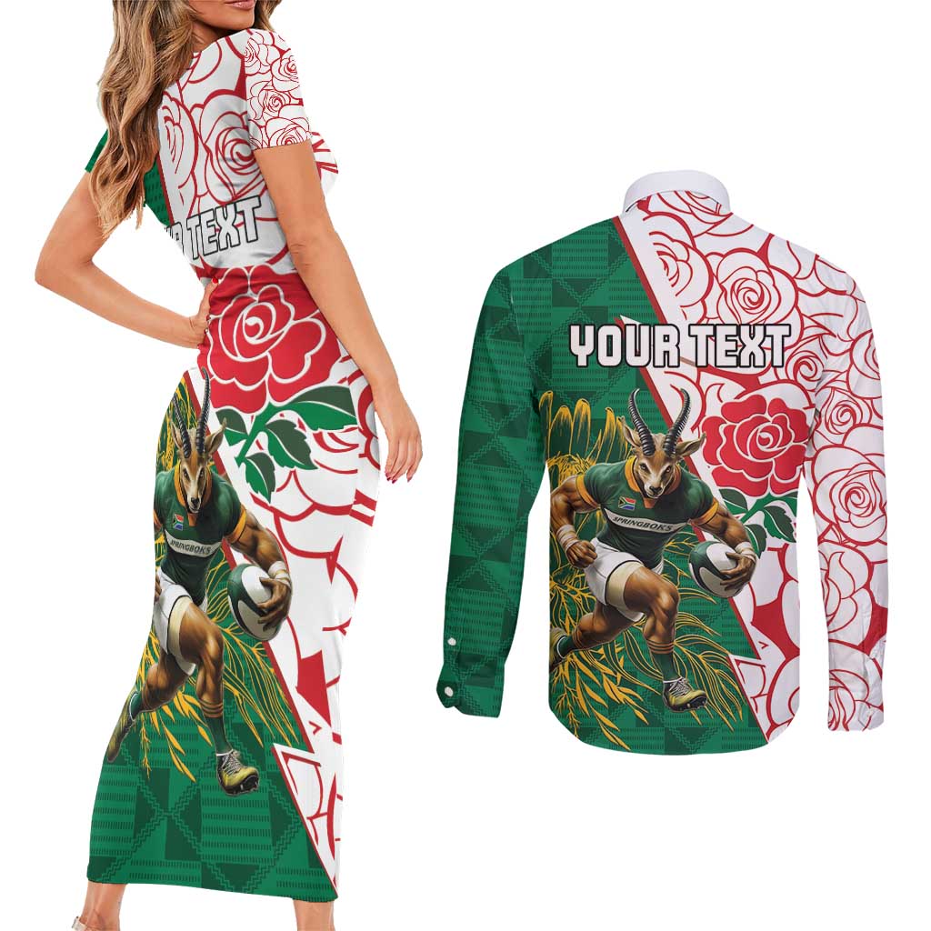 Personalized South Africa and England Rugby Couples Matching Short Sleeve Bodycon Dress and Long Sleeve Button Shirt Springboks Mascot With Red Rose