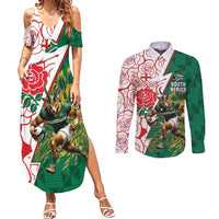 Personalized South Africa and England Rugby Couples Matching Summer Maxi Dress and Long Sleeve Button Shirt Springboks Mascot With Red Rose