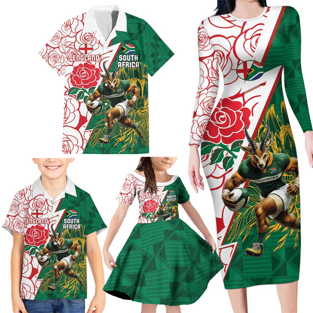 Personalized South Africa and England Rugby Family Matching Long Sleeve Bodycon Dress and Hawaiian Shirt Springboks Mascot With Red Rose
