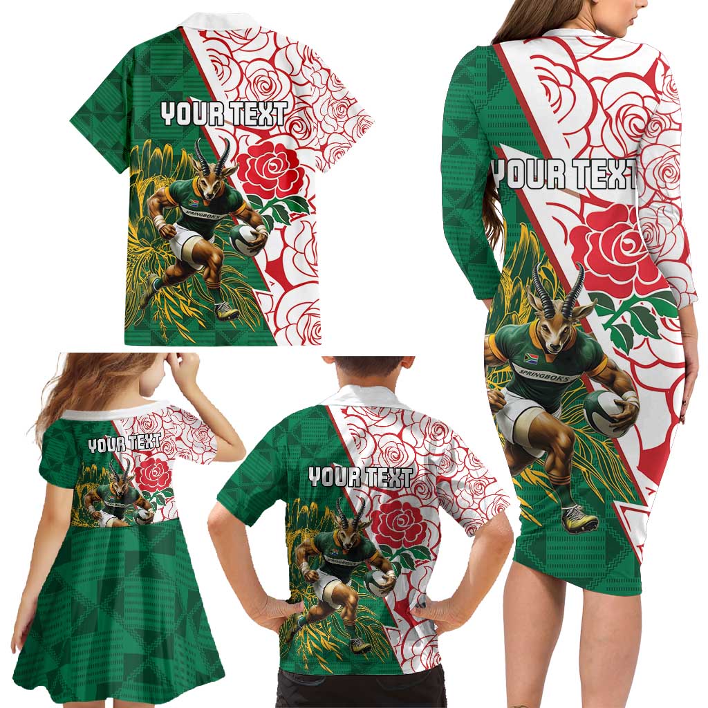Personalized South Africa and England Rugby Family Matching Long Sleeve Bodycon Dress and Hawaiian Shirt Springboks Mascot With Red Rose